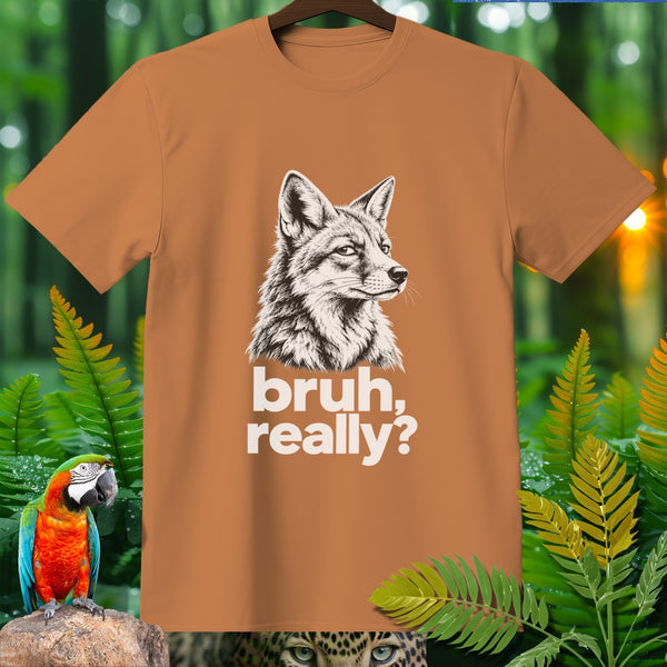 Orange t-shirt with a black and white drawing of a fox and text "bruh, really?".