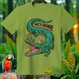 Green t-shirt with a cartoon alligator DJing with text 