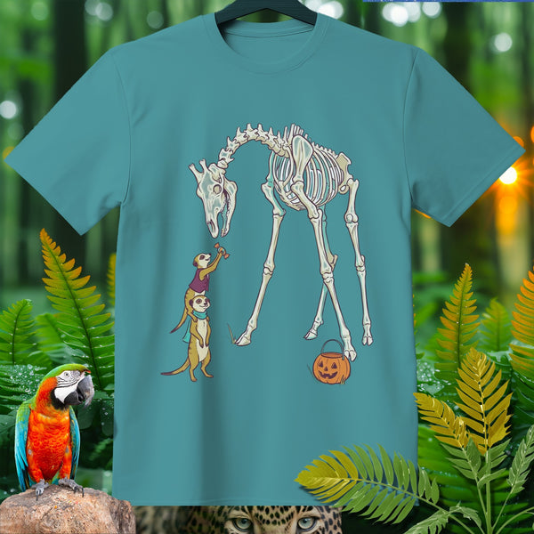 Two meerkats interact with a giraffe skeleton and a Halloween pumpkin.