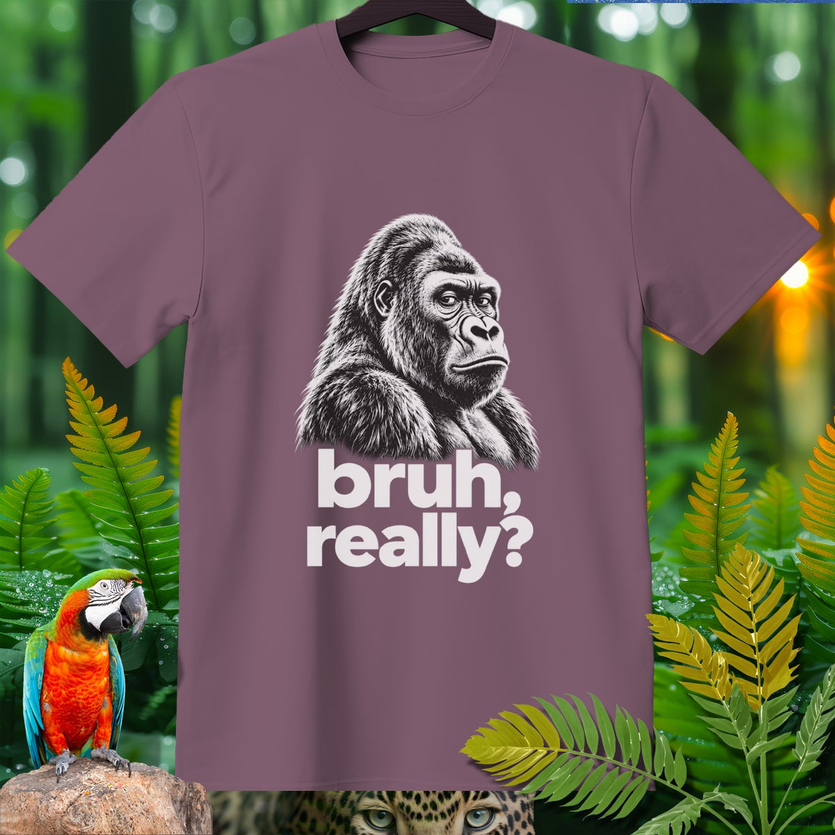 Purple t-shirt with a gorilla graphic and "bruh, really?" text.