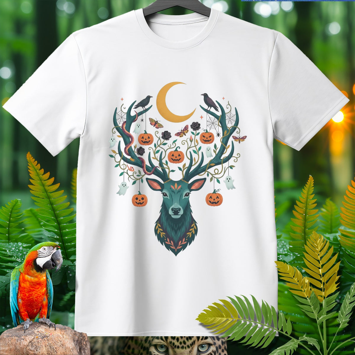 White t-shirt with a Halloween deer graphic featuring pumpkins, ghosts, and a crescent moon.