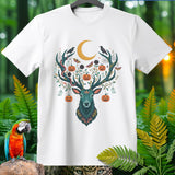 White t-shirt with a Halloween deer graphic featuring pumpkins, ghosts, and a crescent moon.