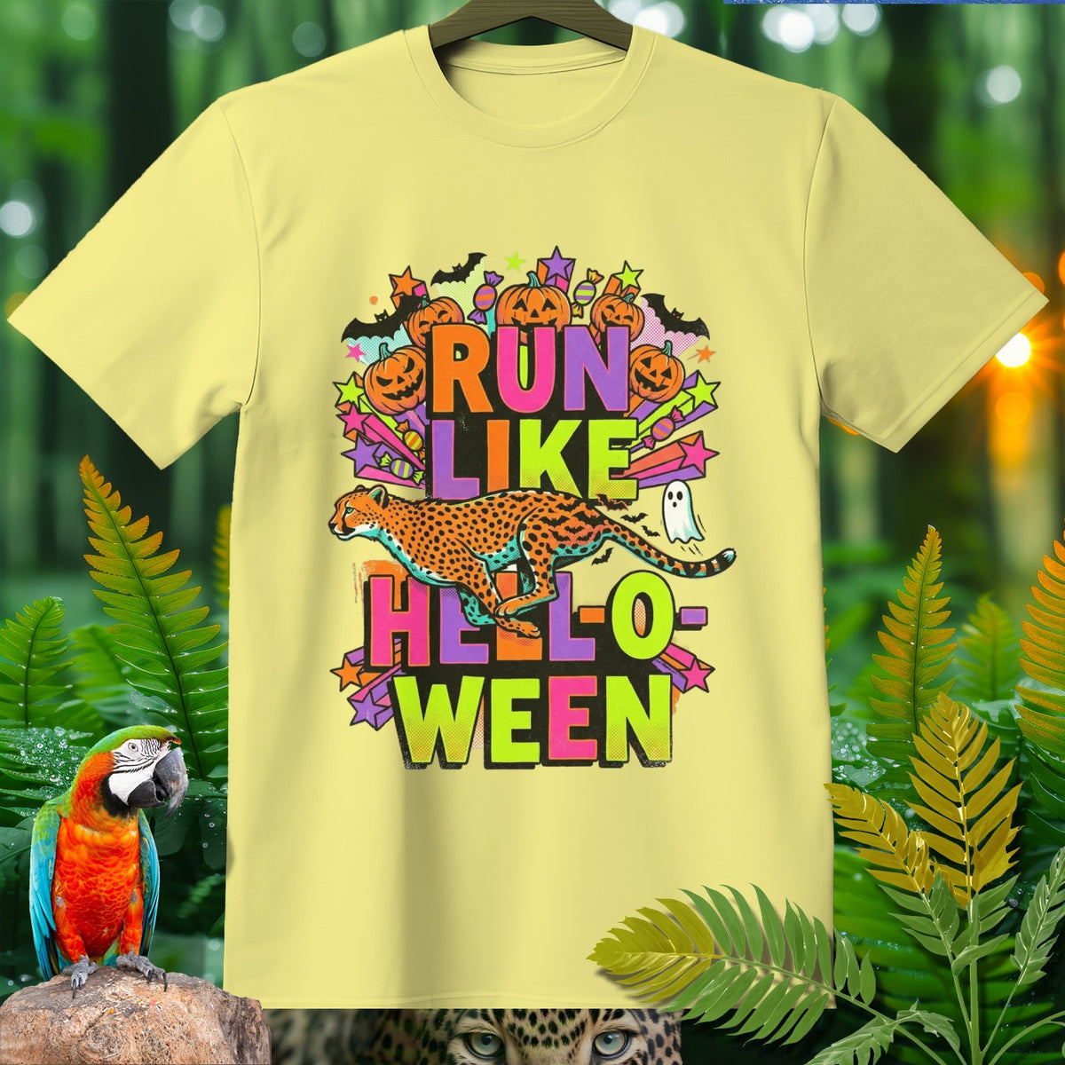 Yellow t-shirt with "Run Like Helloween" text, cheetah, pumpkins, bats, and ghost graphic.