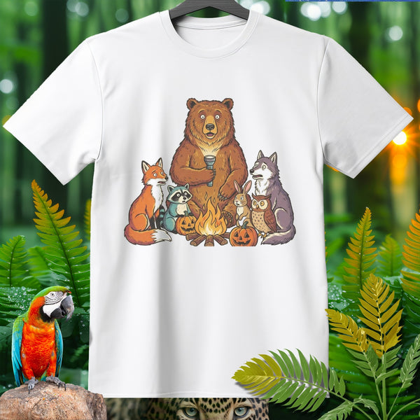 Cartoon animals around a campfire with pumpkins and a flashlight.