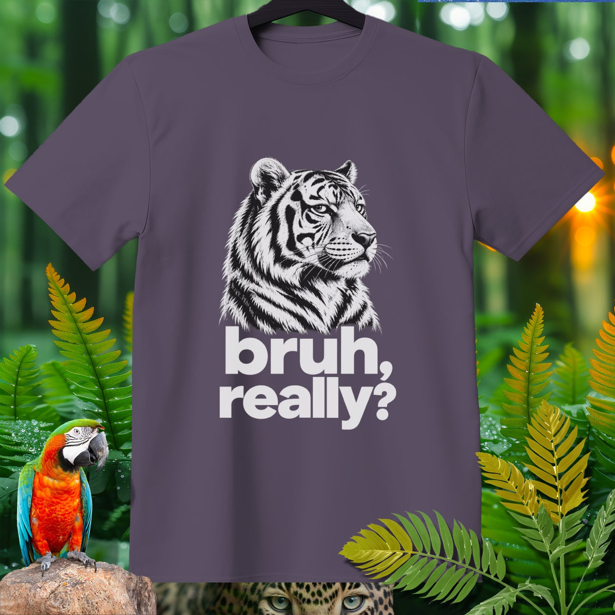 Purple t-shirt with a white graphic of a tiger's head and text "bruh, really?".