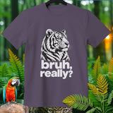 Purple t-shirt with a white graphic of a tiger's head and text 