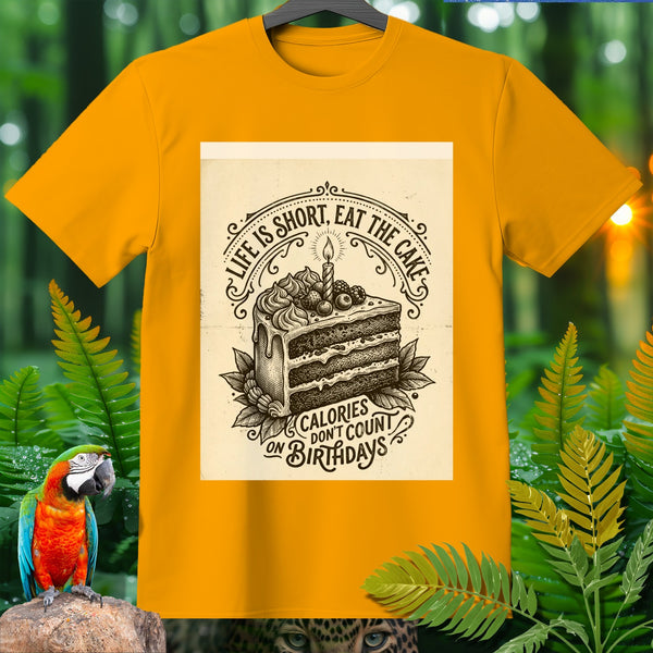 Orange t-shirt with a vintage cake illustration and text.