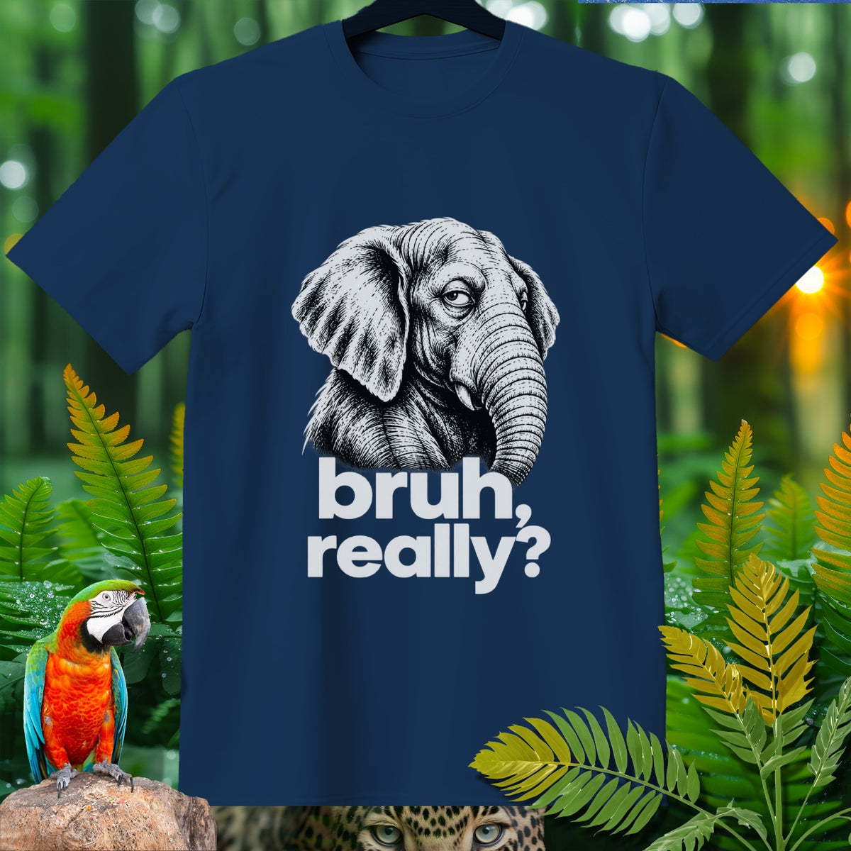 Navy t-shirt with black and white elephant graphic and "bruh, really?" text.