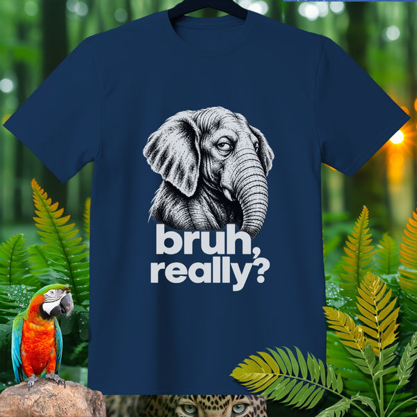 Navy t-shirt with black and white elephant graphic and "bruh, really?" text.