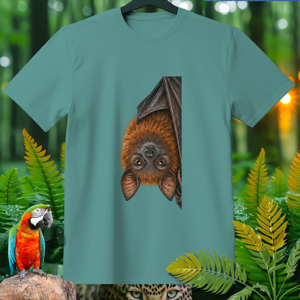 Teal t-shirt with hanging fruit bat illustration, parrot, and leopard eyes.