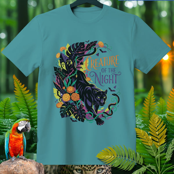 Teal t-shirt with black panther, snake, and "Creature of the Night" text.