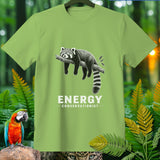 Light green t-shirt with a red panda sleeping on a branch and text 
