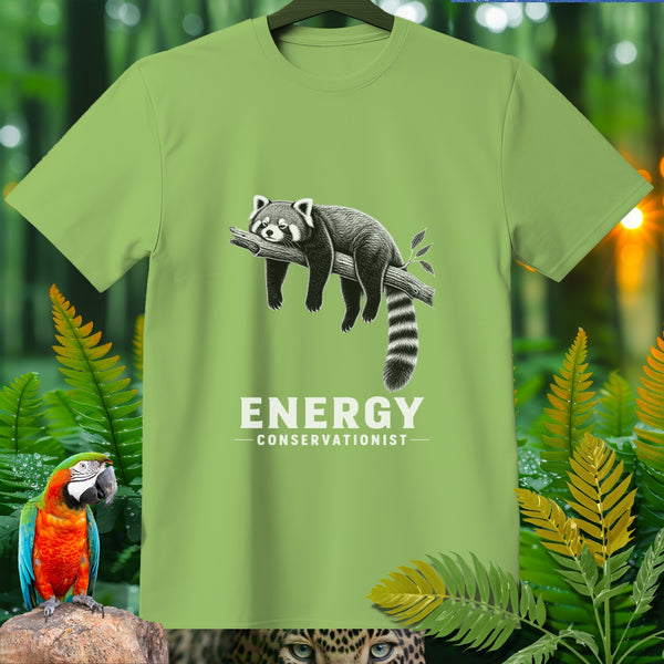 Light green t-shirt with a red panda sleeping on a branch and text "ENERGY CONSERVATIONIST".