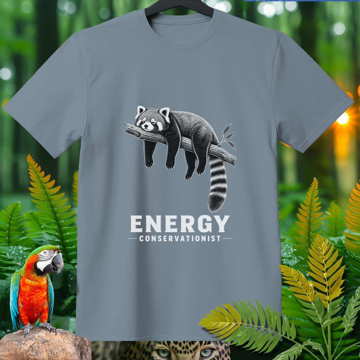 Gray t-shirt with a red panda illustration and text "ENERGY CONSERVATIONIST".