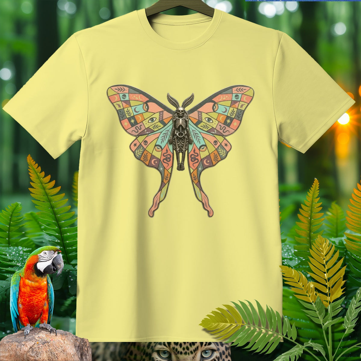 Yellow t-shirt with a colorful butterfly graphic featuring celestial and nature motifs.