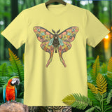 Yellow t-shirt with a colorful butterfly graphic featuring celestial and nature motifs.