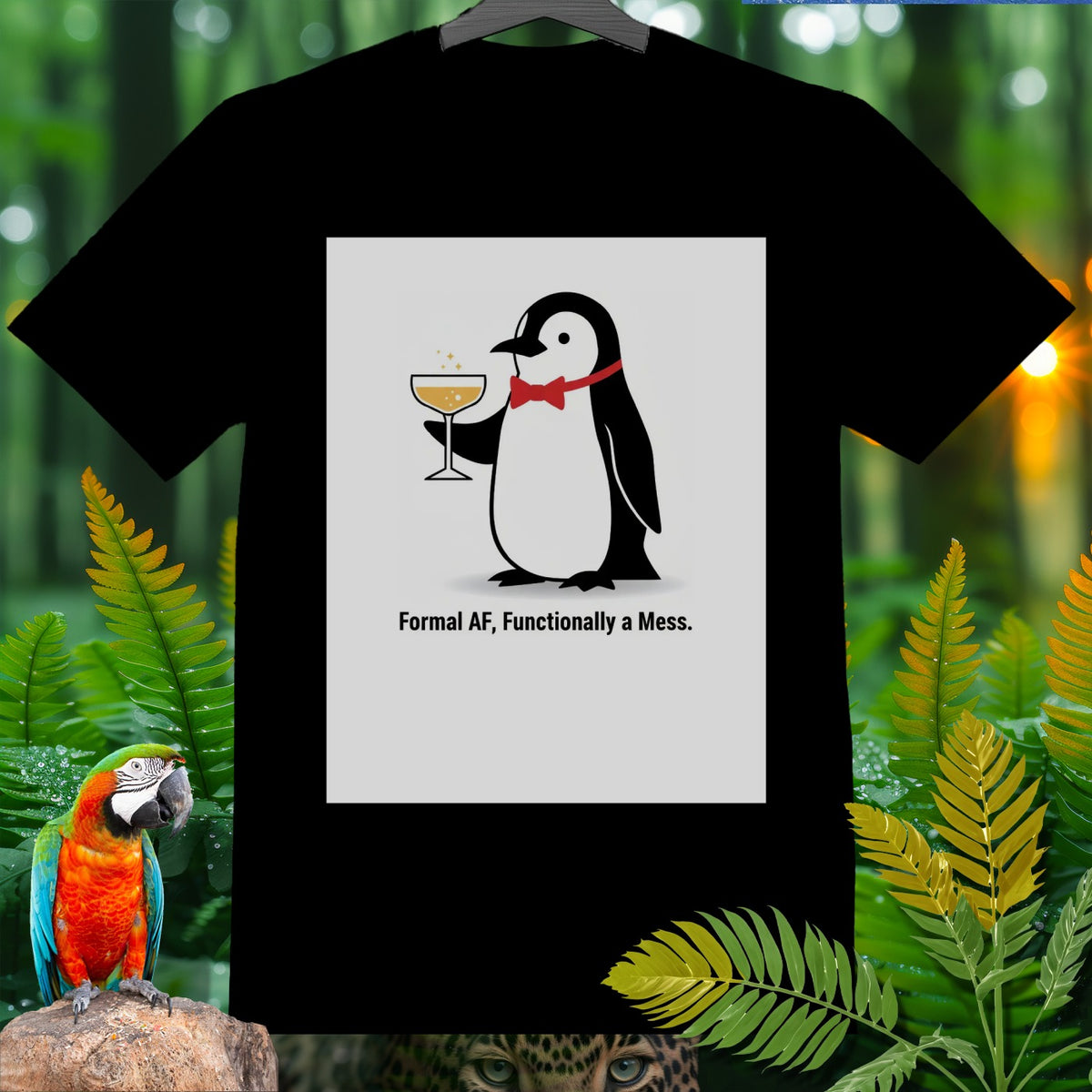 Black t-shirt with graphic of a penguin holding a drink with text "Formal AF, Functionally a Mess."