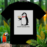 Black t-shirt with graphic of a penguin holding a drink with text 