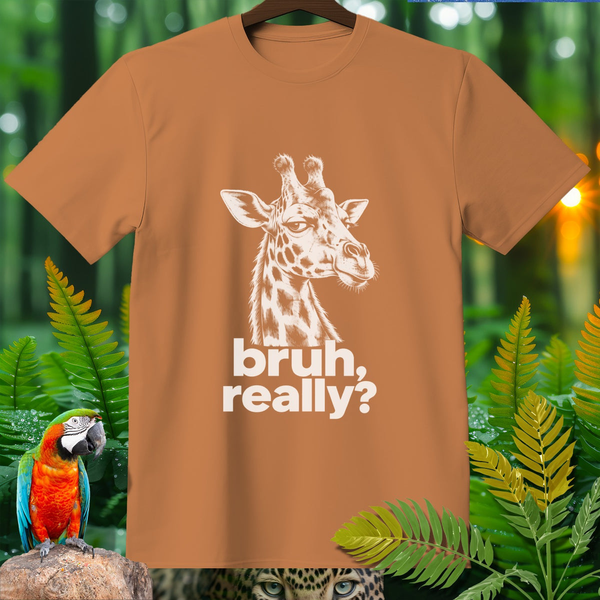 Orange t-shirt with white giraffe graphic and "bruh, really?" text.