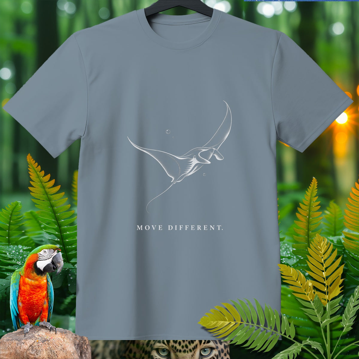 Gray t-shirt with white manta ray graphic and text "MOVE DIFFERENT."