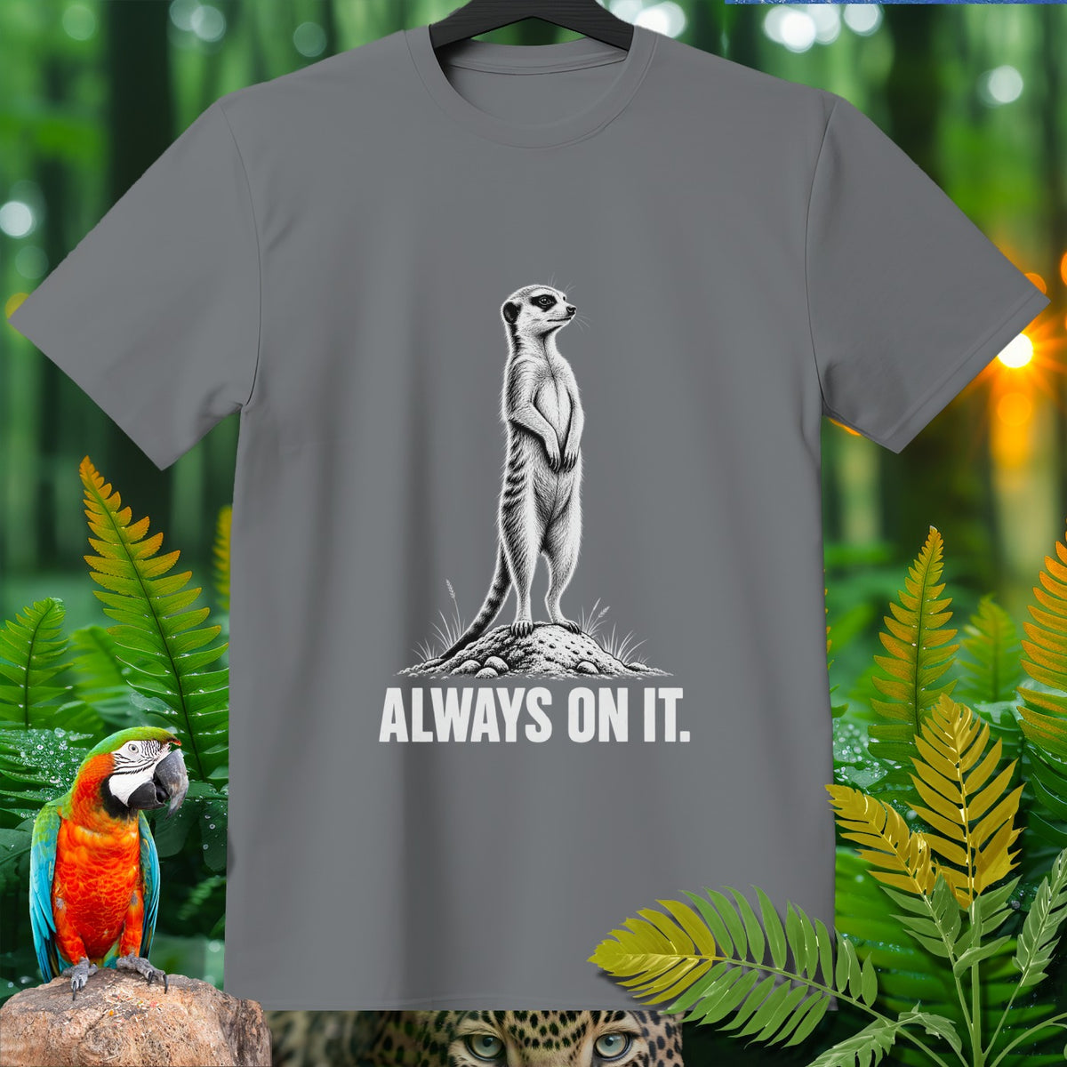Grey t-shirt featuring a black and white drawing of a meerkat with the text "ALWAYS ON IT."