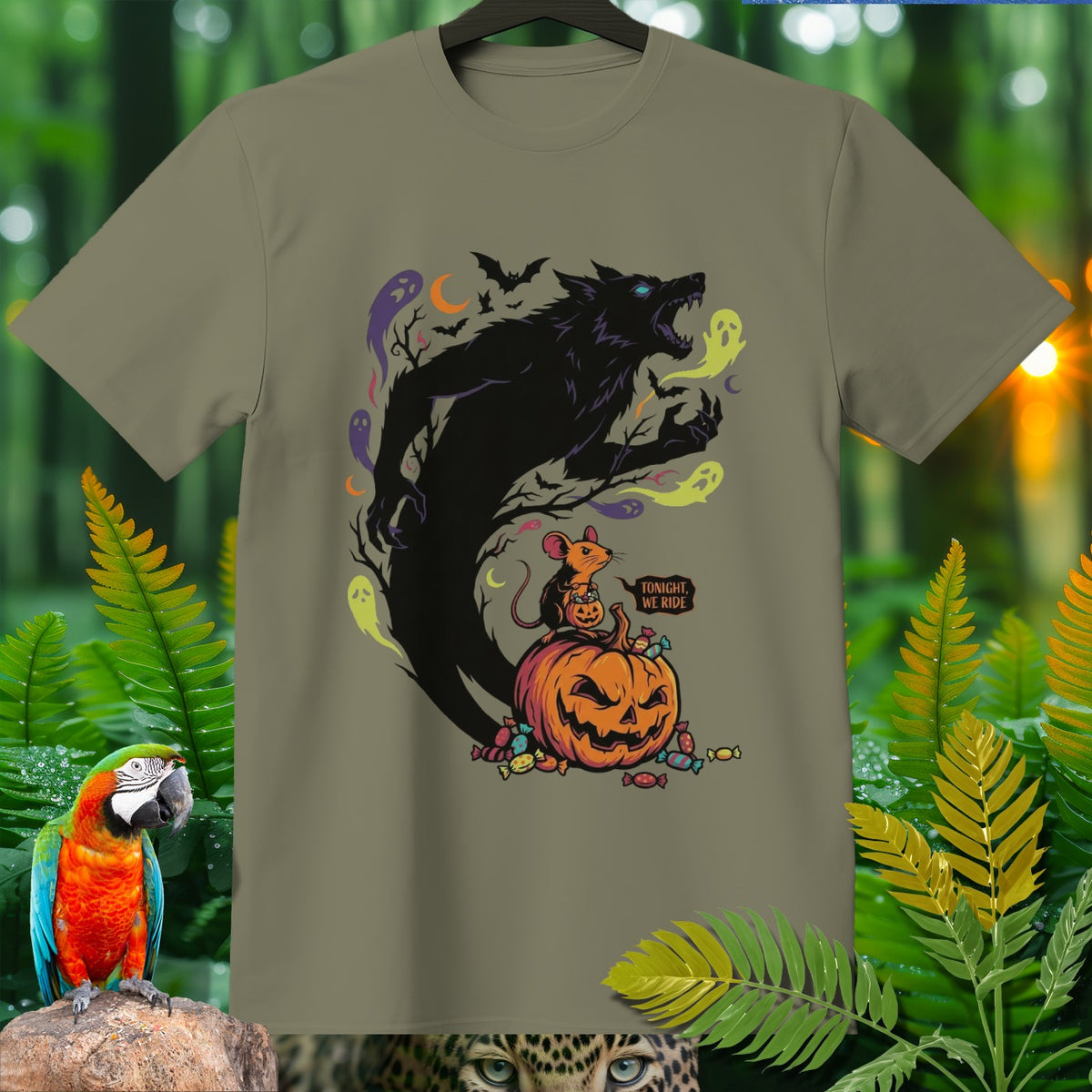 Halloween t-shirt with werewolf, mouse, pumpkin, ghosts, and text "TONIGHT, WE RIDE."