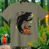 Halloween t-shirt with werewolf, mouse, pumpkin, ghosts, and text 