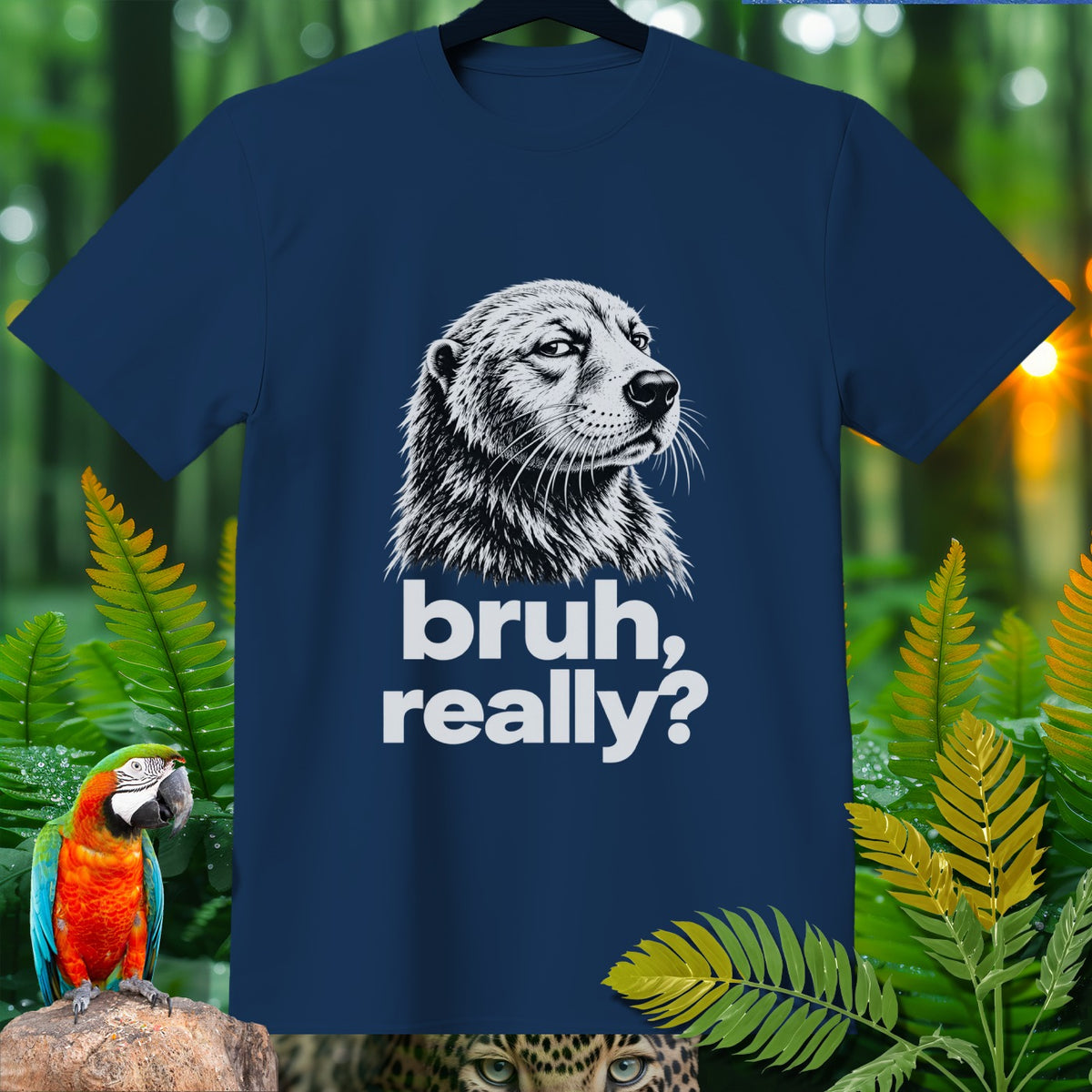 Navy t-shirt with a dog graphic and text "bruh, really?".