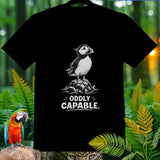 Black t-shirt with a puffin graphic and text 