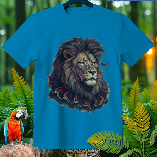 Blue t-shirt with a painting of a lion wearing glasses and a ruffled collar.