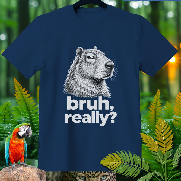 Navy t-shirt with a capybara illustration and "bruh, really?" text.