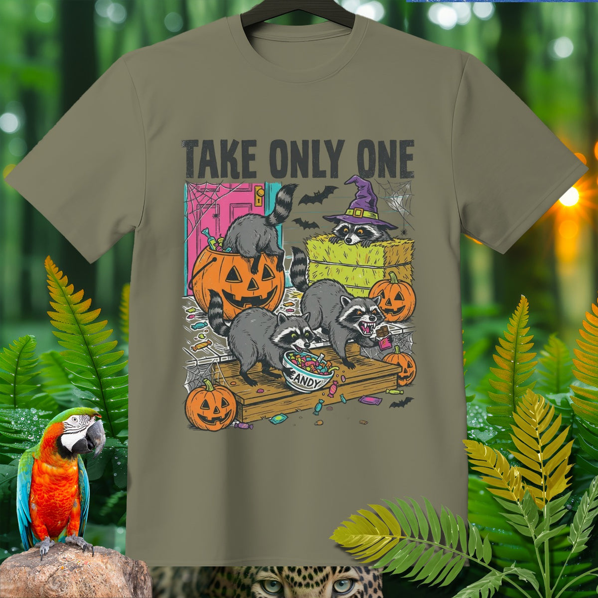 Raccoons raid a Halloween candy bowl with pumpkins and the text "Take Only One".
