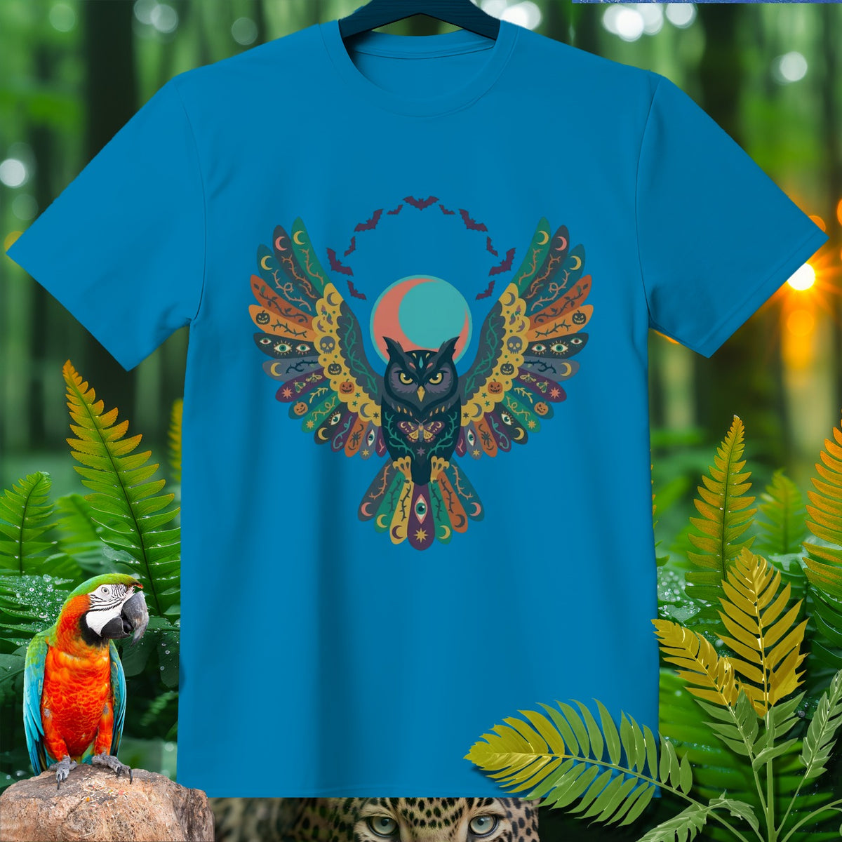 Blue t-shirt with an ornate owl graphic featuring Halloween motifs.