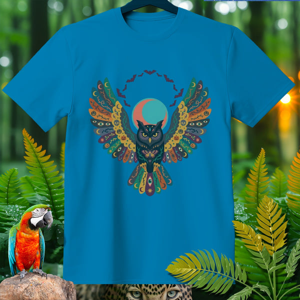 Blue t-shirt with an ornate owl graphic featuring Halloween motifs.