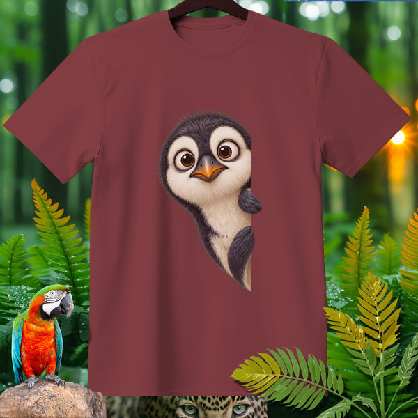 Maroon t-shirt with a cartoon penguin peeking from the side.
