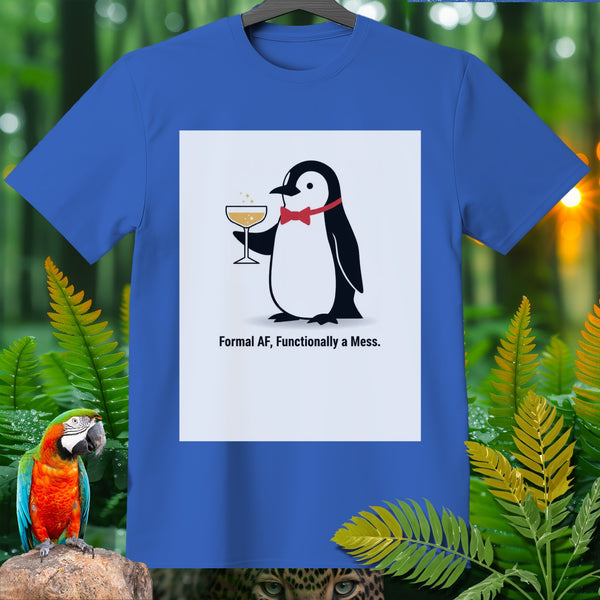 Blue t-shirt with a penguin holding a champagne glass and the text "Formal AF, Functionally a Mess."