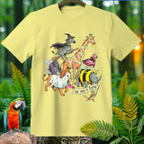 T-shirt with cartoon animals dressed for Halloween and a banner that reads 