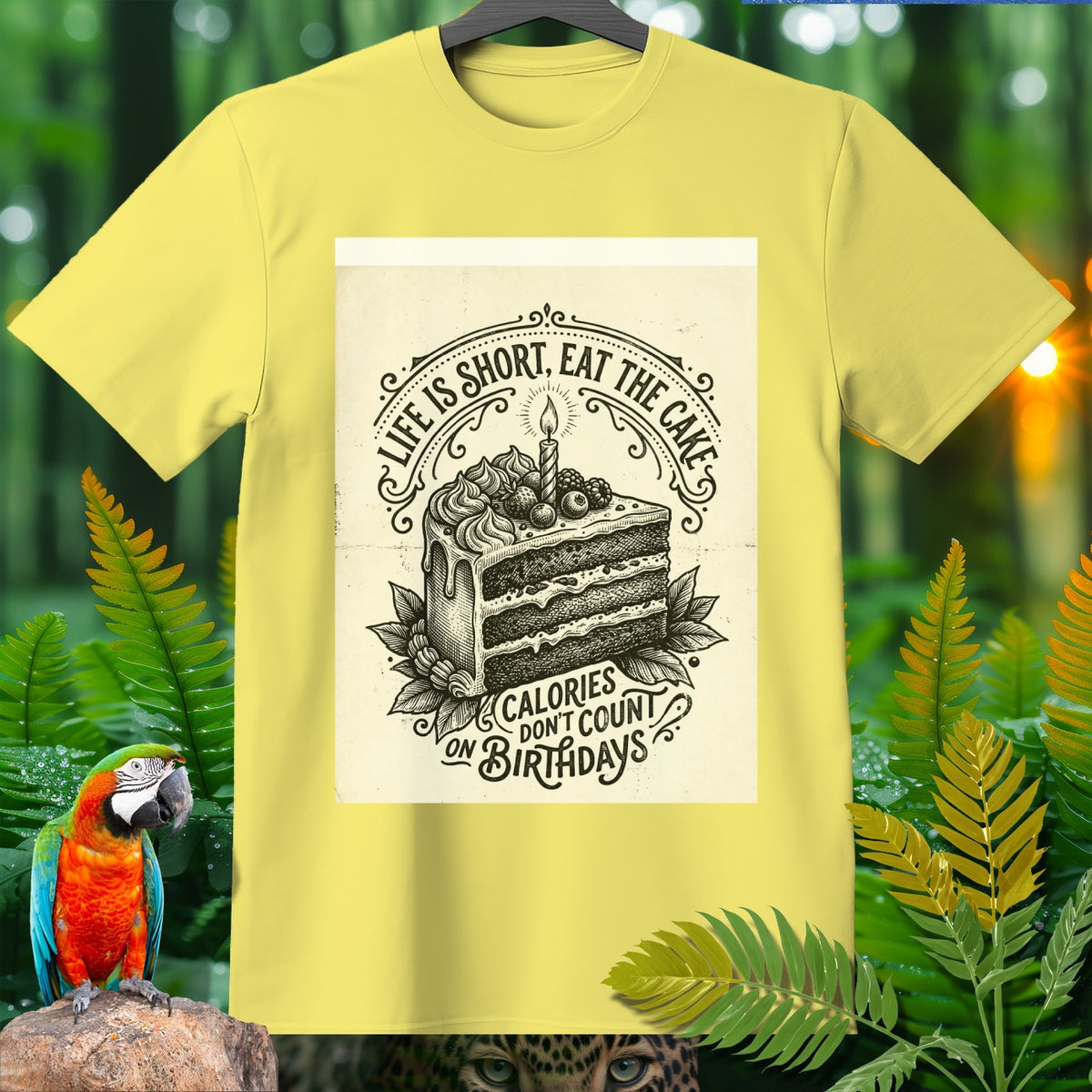Yellow t-shirt with a black ink design of a slice of cake, candle, and text.