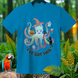 Blue t-shirt with Halloween octopus graphic and text 
