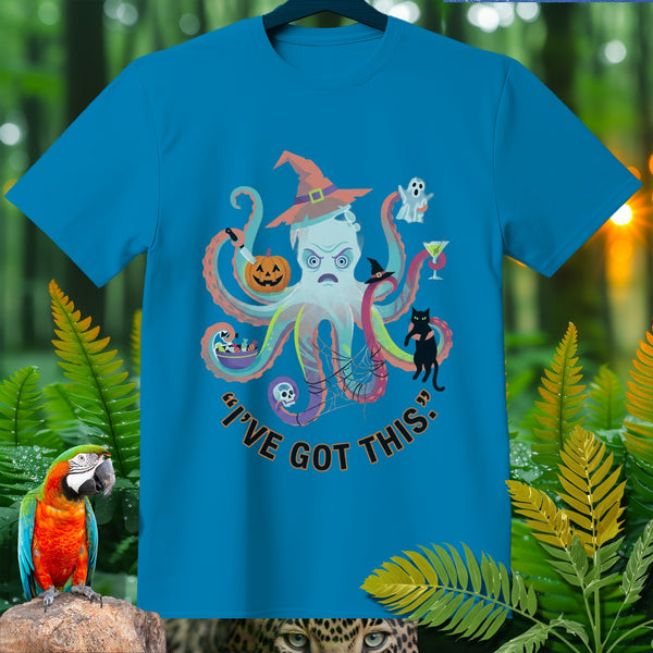 Blue t-shirt with Halloween octopus graphic and text "I'VE GOT THIS."