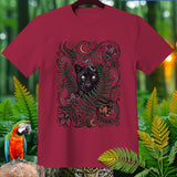 Maroon t-shirt with a black panther and floral design, surrounded by jungle foliage.