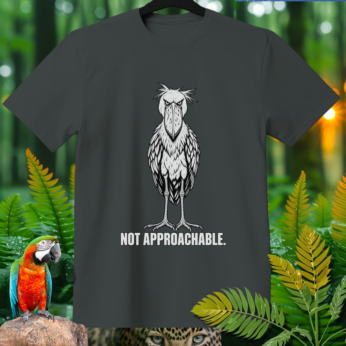 Dark grey t-shirt with a stylized shoebill bird graphic and text "NOT APPROACHABLE."