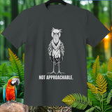 Dark grey t-shirt with a stylized shoebill bird graphic and text 