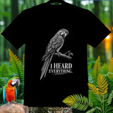 Black t-shirt with a grayscale parrot graphic and 