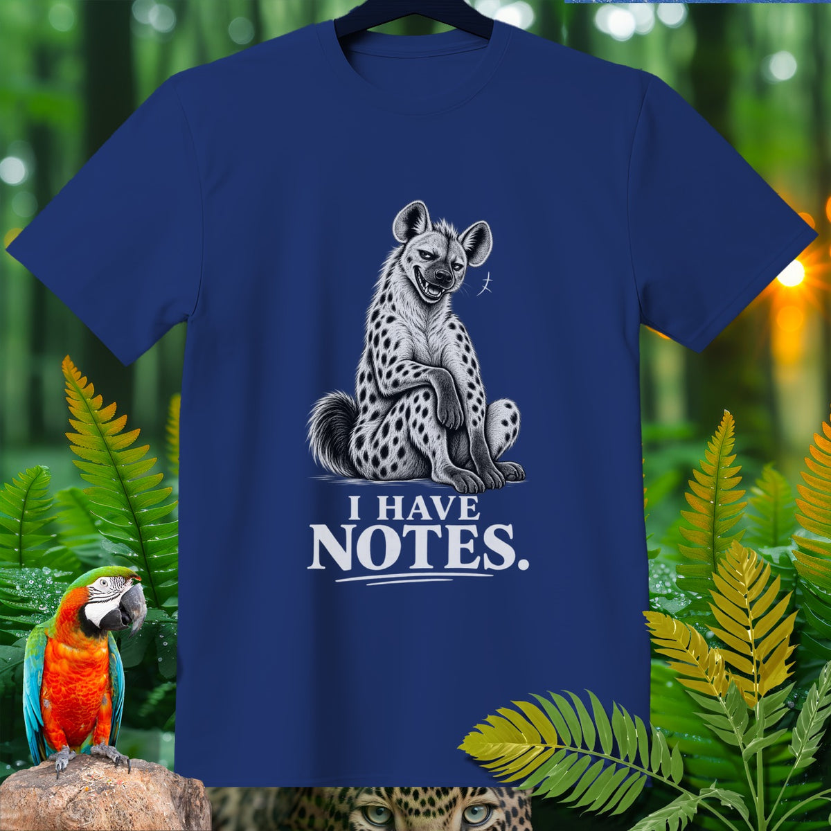 Dark blue t-shirt with a hyena graphic and the text "I HAVE NOTES."