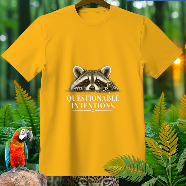 Yellow t-shirt with a raccoon peeking over and text "QUESTIONABLE INTENTIONS."