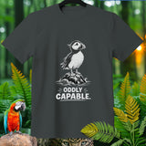 Dark grey t-shirt with puffin graphic and text 