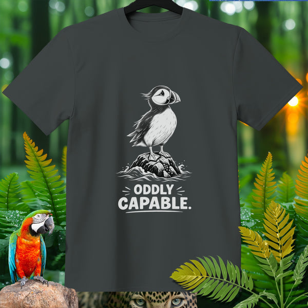 Dark grey t-shirt with puffin graphic and text "ODDLY CAPABLE."