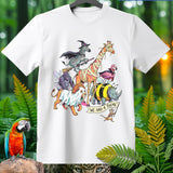 T-shirt graphic with costumed animals including a witch zebra and mummy giraffe.