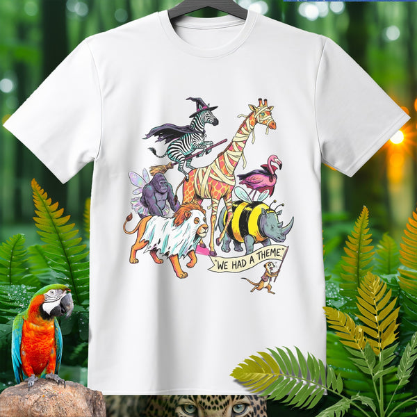 T-shirt graphic with costumed animals including a witch zebra and mummy giraffe.